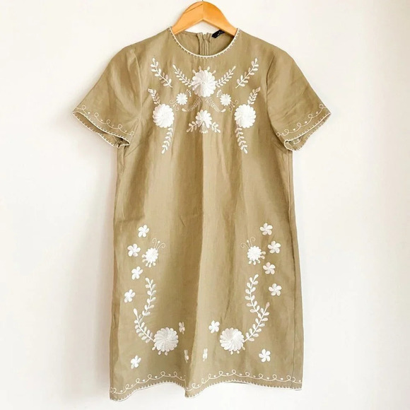 Zara Linen Look  Viscose Embroidered Floral Ethnic Sheath Dress XS - Picture 1 of 6